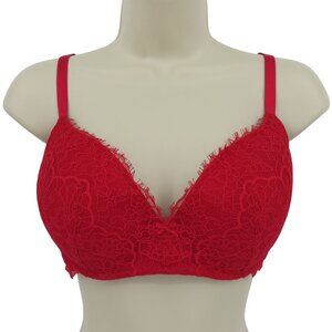 Victorias Secret 36D Dream Angels Padded No Wire Bra Red Lace Bow Wireless Sexy